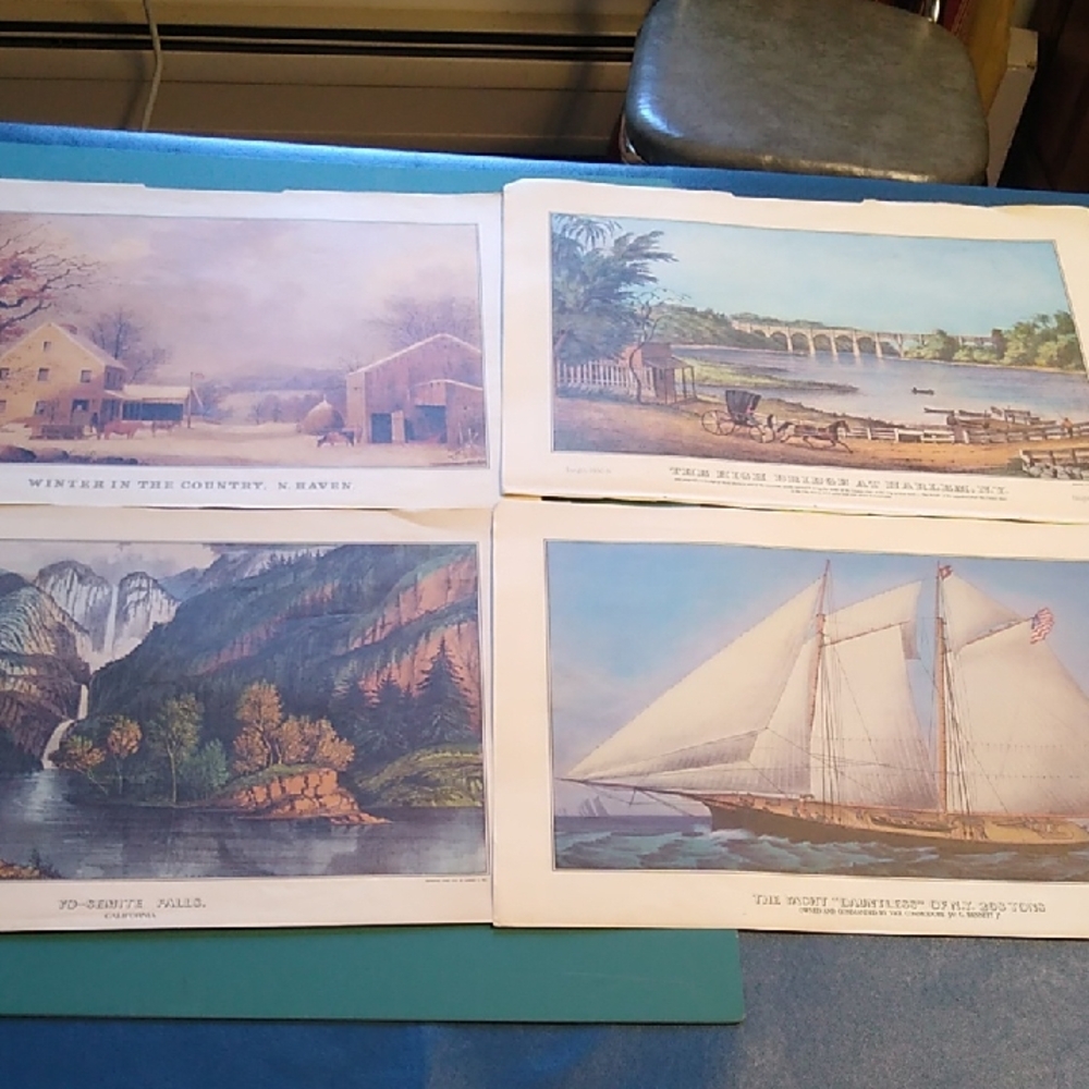 Scenic Art Print Set - Country, Bridge, Waterfall, Sailboat Calendar pages 1985